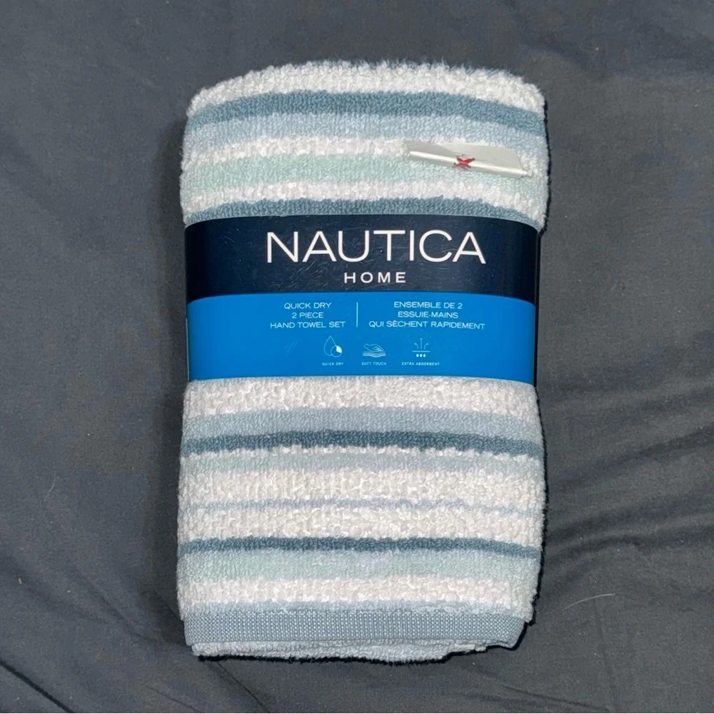 2 Nautica Pembrook Blue White Ice Stripes Hand Towels COTTON Striped Quick Dry